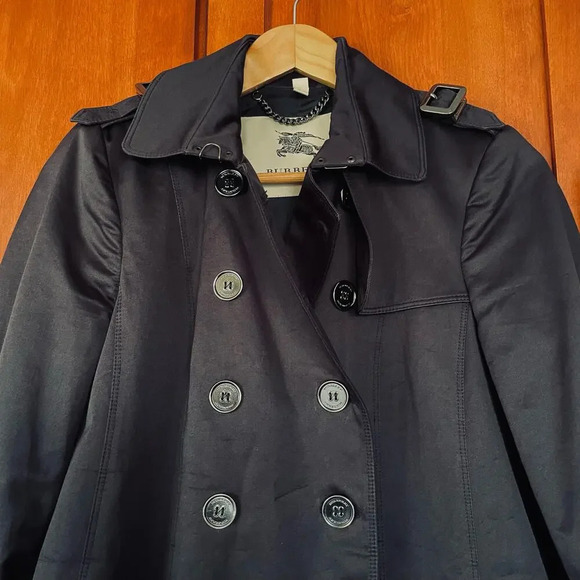 Burberry London Trench Coat Jacket Mid Length Double Breasted Black Size 6 - Picture 2 of 16